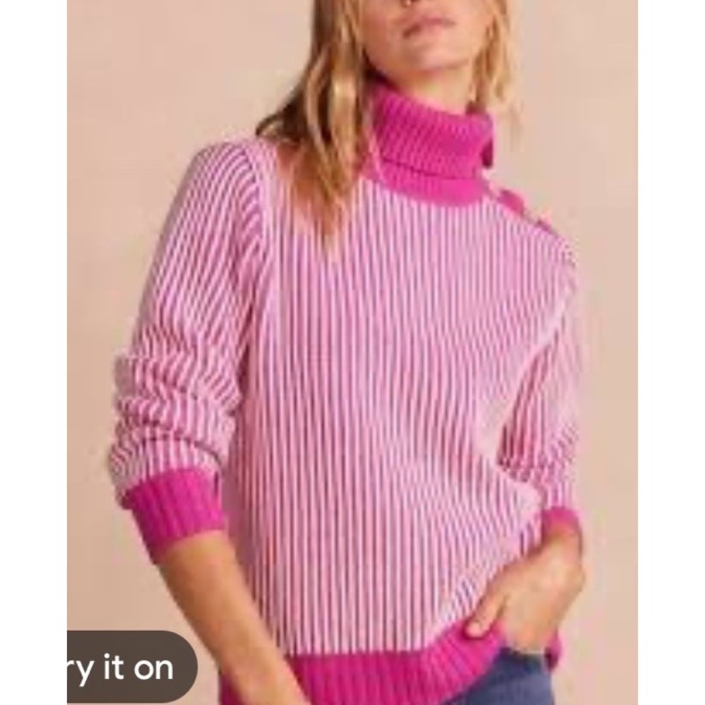 Summersalt Merino Wool Cashmere Pink Striped Knit Button High Neck Sweater Large
